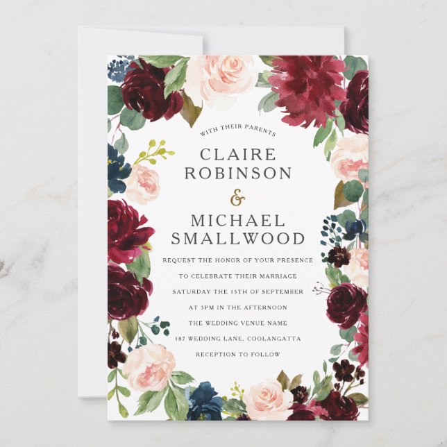 Blush & Red Wine Floral Wreath Wedding Invitation (Front)