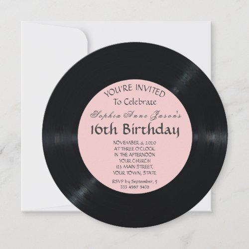 Blush Retro Vinyl Record Birthday Invitation