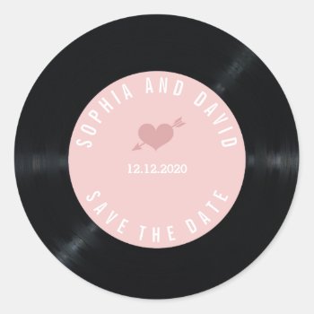 Blush Retro Vinyl Record Wedding Save The Date Classic Round Sticker by GeorgetaBlanaruArt at Zazzle