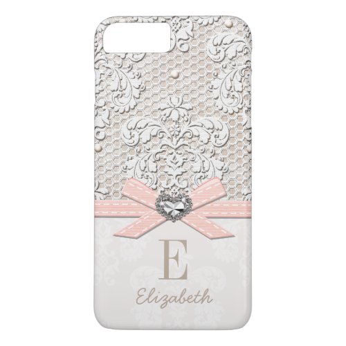 Blush Rhinestone Heart Look Printed Lace and Bow iPhone 8 Plus7 Plus Case