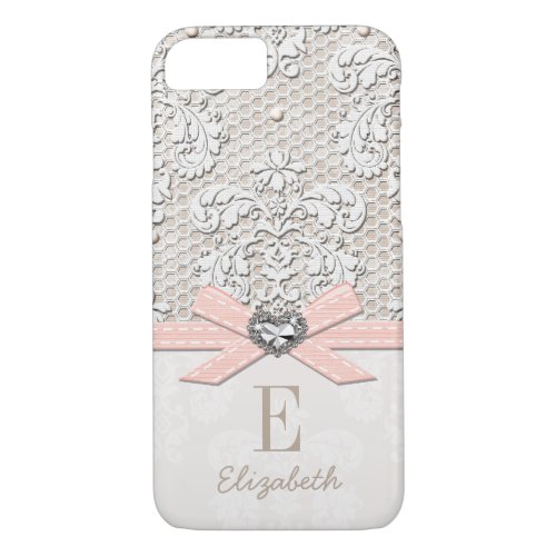 Blush Rhinestone Heart Look Printed Lace and Bow iPhone 87 Case
