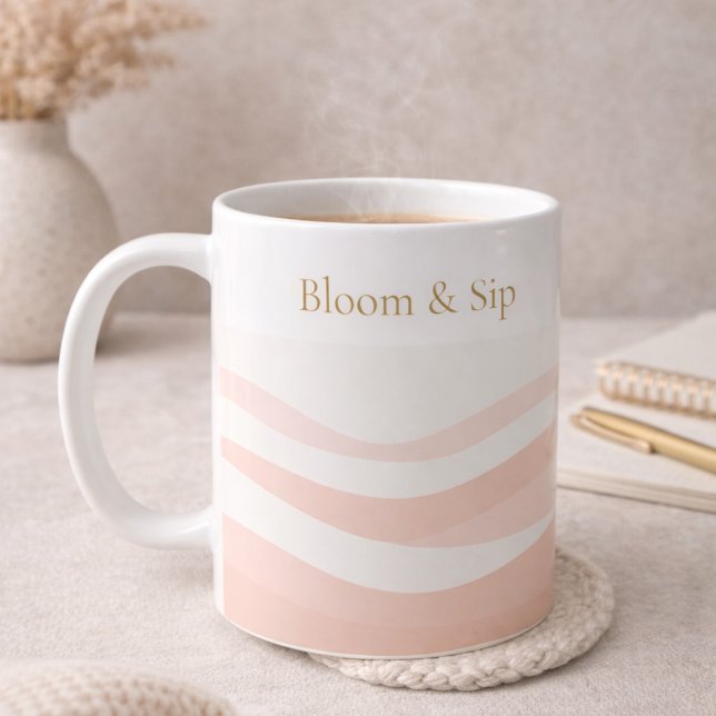 Blush Ripple White Classic Mug, 11 oz Coffee Mug (White ceramic wrapped in blush ripples with gold serif detail for calm morning routines.)