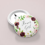 Blush Romance Flower Girl Button<br><div class="desc">Identify the key players at your bridal shower with our elegant,  sweetly chic floral buttons. Button features a blush pink and burgundy marsala watercolor floral wreath with "flower girl" inscribed inside in hand lettered script.</div>