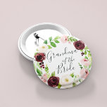 Blush Romance Grandmother of the Bride Button<br><div class="desc">Identify the key players at your bridal shower with our elegant,  sweetly chic floral buttons. Button features a blush pink and burgundy marsala watercolor floral wreath with "grandma of the bride" inscribed inside in hand lettered script.</div>