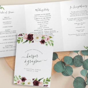Blush Romance Watercolor Floral Wedding Ceremony Tri-Fold Program