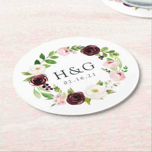 Blush Romance Wedding Monogram  Date Round Paper Coaster