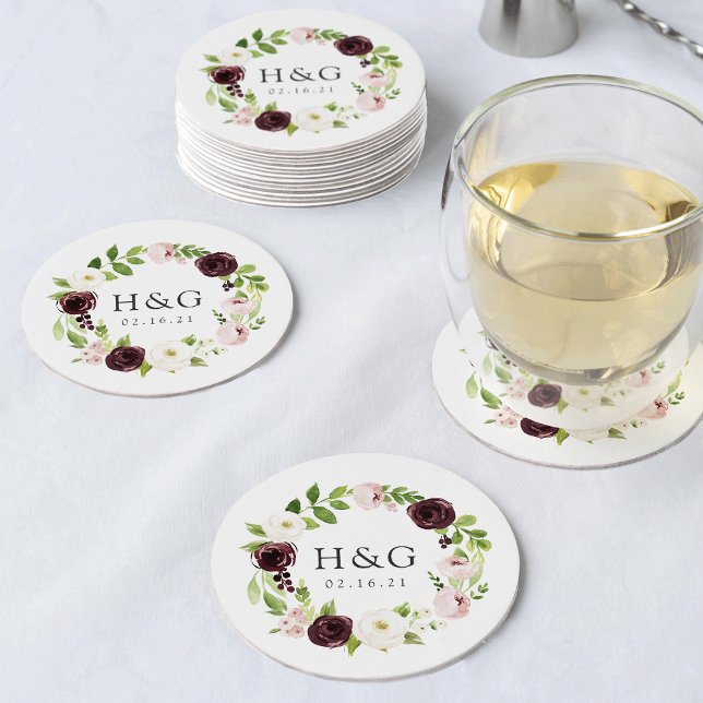 Blush Romance Wedding Monogram & Date Round Paper Coaster (Creator Uploaded)