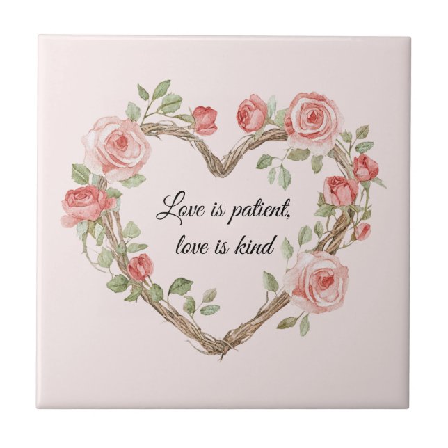 Blush Romantic Rose Floral Heart Love Ceramic Tile (Front)