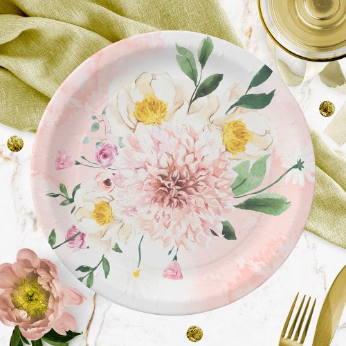 Blush Romantic Watercolor Floral Bridal Shower Paper Plates