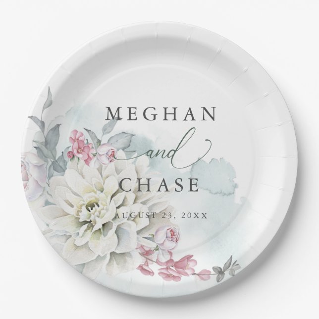 Blush Rose Alabaster Garden Floral Wedding Paper Plates (Front)