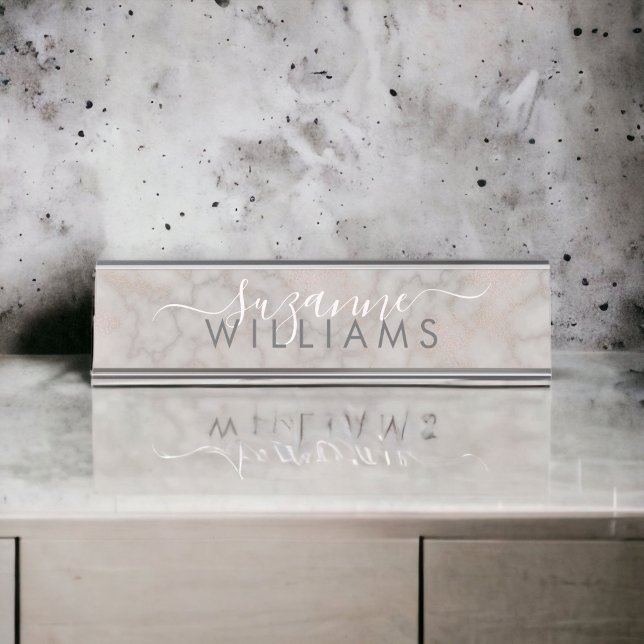 Blush Rose and Gray Marbled Elegance Desk Name Plate (Personalize this elegant desk sign with your name.)