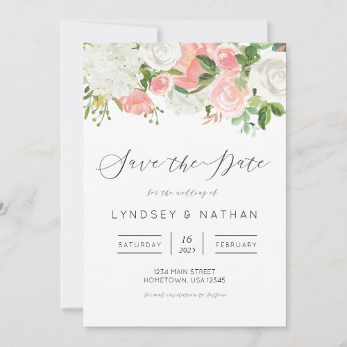 Blush Rose and Hydrangea Wedding Save the Date Invitation