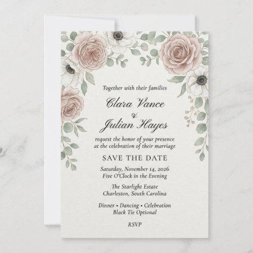 Blush Rose & Anemone Elegant Wedding Invitation
