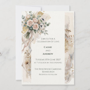 Blush Rose Anemone Neutral Bouquet Wedding Invitation