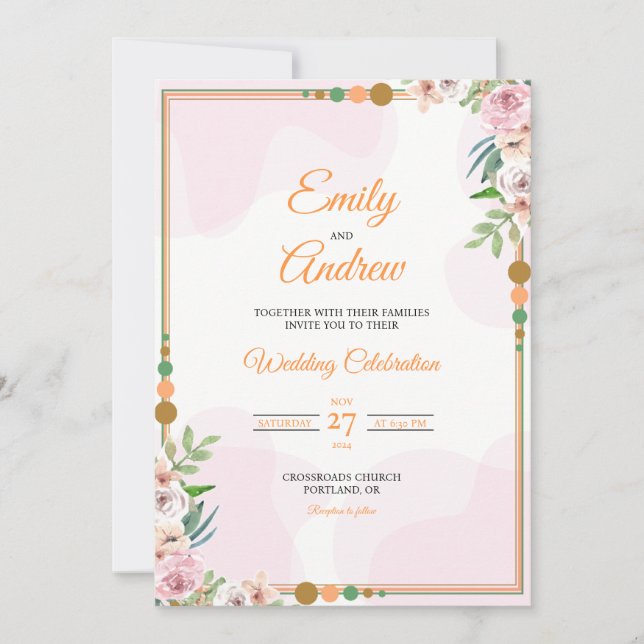 Blush Rose Bead Elegant Floral Watercolor Wedding Invitation (Front)