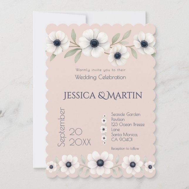Blush Rose Blue Ivory Anemone  Timeless Wedding Invitation (Front)