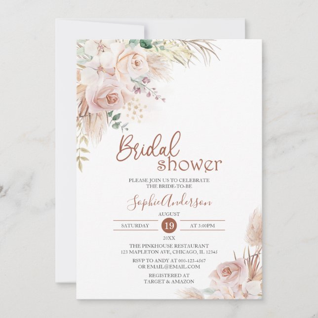 Blush Rose Boho Pampas Grass Bridal Shower Invitat Invitation (Front)