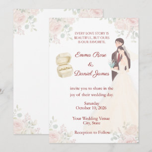 Blush Rose Bride & Groom Wedding Invitation 