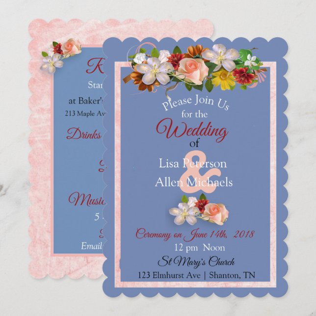 Blush Rose Burgundy Blue Floral Wedding Invitation (Front/Back)