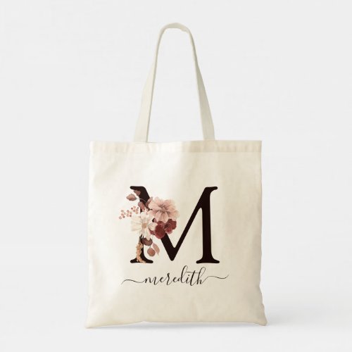 Blush Rose Burgundy Floral Monogram Tote Bag