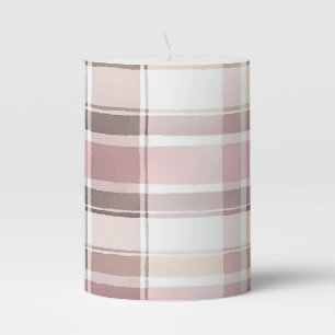 Blush Rose Cream Brown Stripes Christmas Pillar Candle