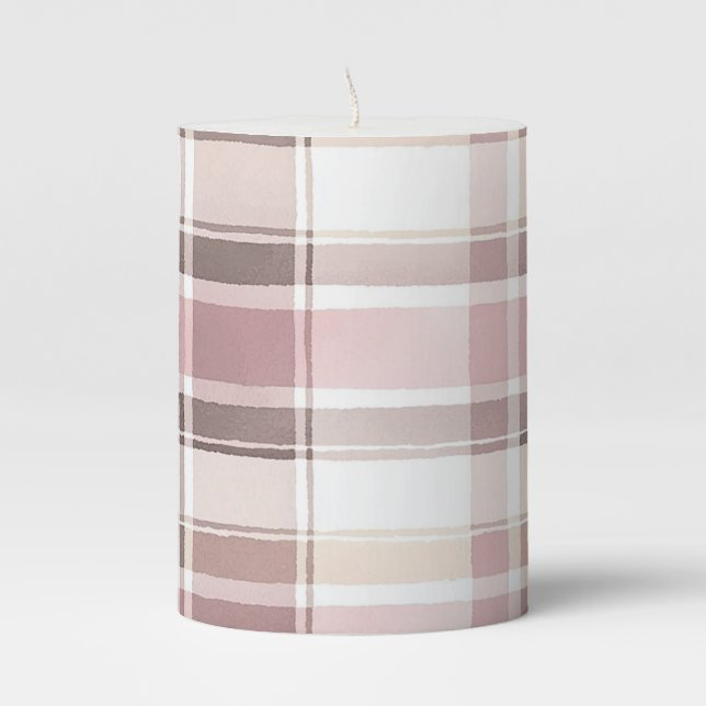 Blush Rose Cream Brown Stripes Christmas Pillar Candle (Front)
