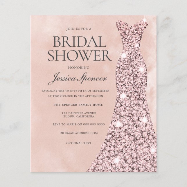 Blush Rose Dress Gold Bridal Shower Budget Invite (Front)