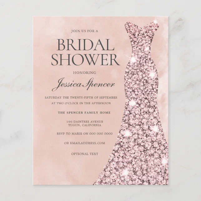Blush Rose Dress Gold Bridal Shower Budget Invite | Zazzle