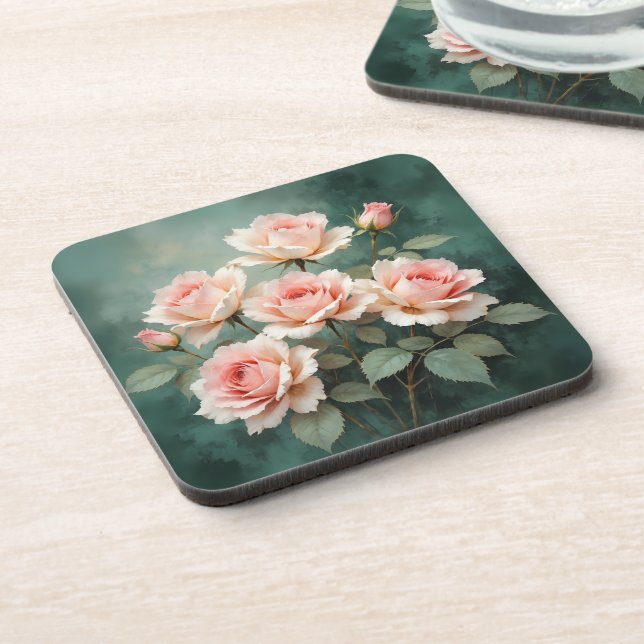Blush Rose Elegance on Deep Jade Beverage Coaster (Left Side)