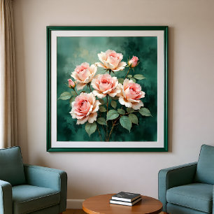 Blush Rose Elegance on Deep Jade Canvas Print