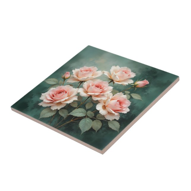 Blush Rose Elegance on Deep Jade Ceramic Tile (Side)