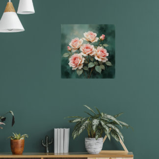 Blush Rose Elegance on Deep Jade Poster