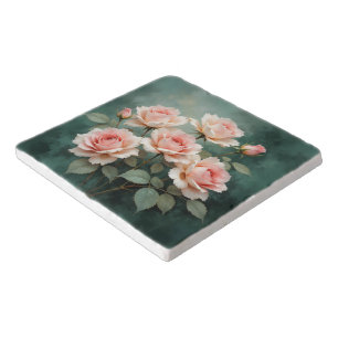 Blush Rose Elegance on Deep Jade Trivet