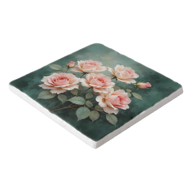 Blush Rose Elegance on Deep Jade Trivet (Corner)