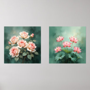 Blush Rose Elegance on Deep Jade Wall Art Sets