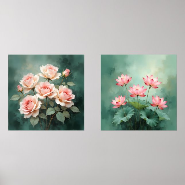 Blush Rose Elegance on Deep Jade Wall Art Sets (Front)