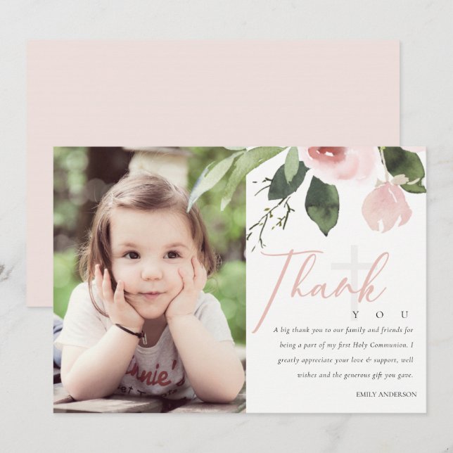 BLUSH ROSE FIRST HOLY COMMUNION THANK YOU PHOTO INVITATION (Front/Back)