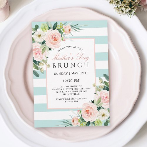 Blush Rose Floral and Stripes Mothers Day Brunch Invitation