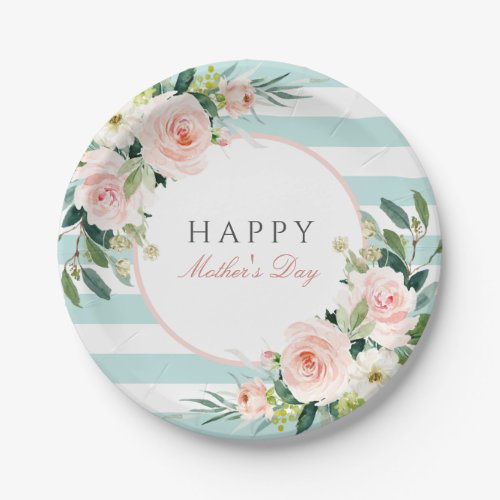 Blush Rose Floral and Stripes Mothers Day Paper Plates