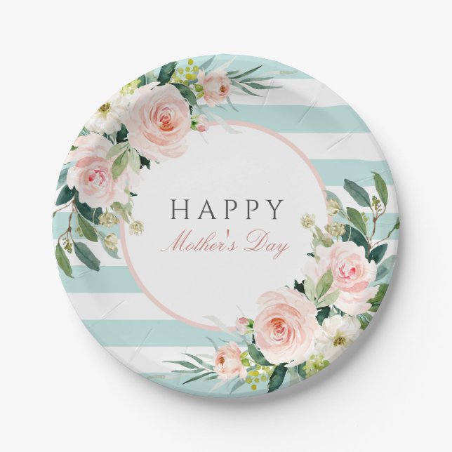 Blush Rose Floral and Stripes Mother's Day Paper Plates (Front)