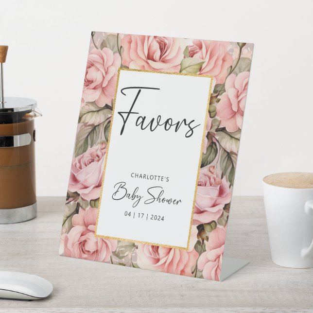 Blush Rose Floral Baby Shower Favors Pedestal Sign (In SItu)
