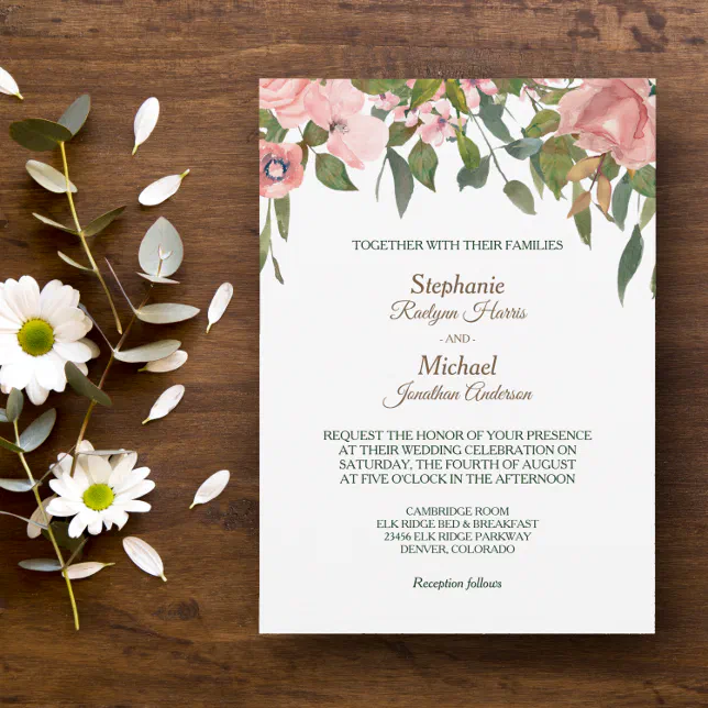 Blush Rose Floral Border Wedding Invitation | Zazzle