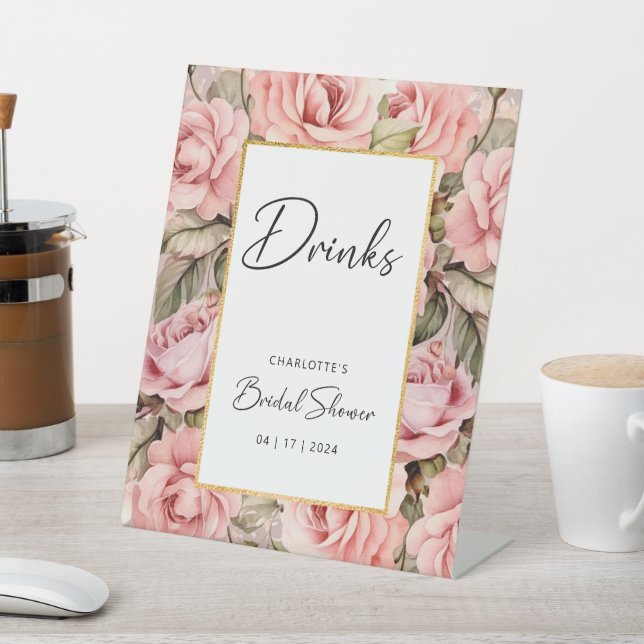 Blush Rose Floral Bridal Shower Drinks Pedestal Sign (In SItu)