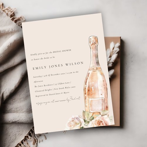 Blush Rose Floral Champagne Wine Bridal Shower Invitation