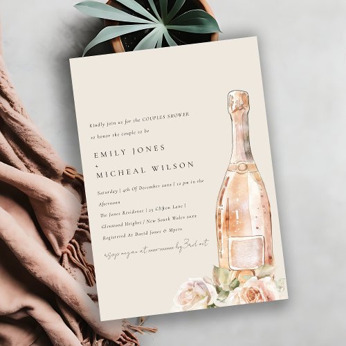Blush Rose Floral Champagne Wine Couples Shower Invitation