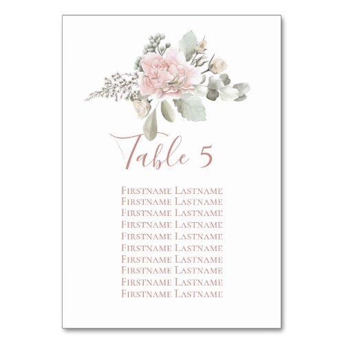 Blush rose floral dusty rose wedding seating chart table number