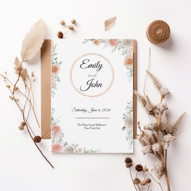 Blush Rose Floral Frame Elegant Wedding Invitation (Creator Uploaded)
