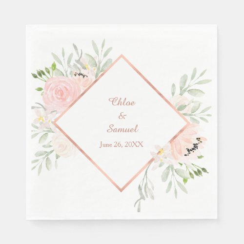 Blush Rose Floral Frame Wedding Paper Napkins