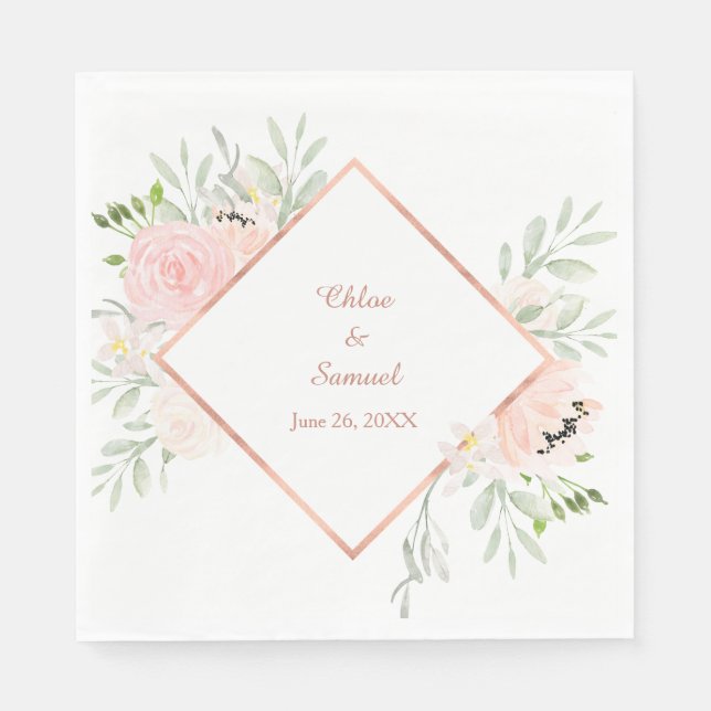 Blush Rose Floral Frame Wedding Paper Napkins (Front)