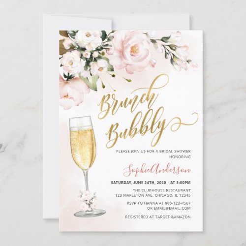 Blush Rose Floral Glitter Gold Brunch And Bubbly  Invitation
